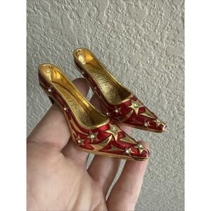 Vintage Miniature High Heel Shoe Gold Tone Red Rhinestones